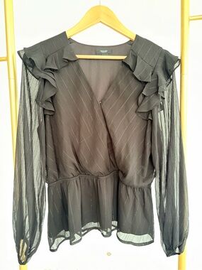 Vera Wang Black Sheer Ruffle Wrap Blouse